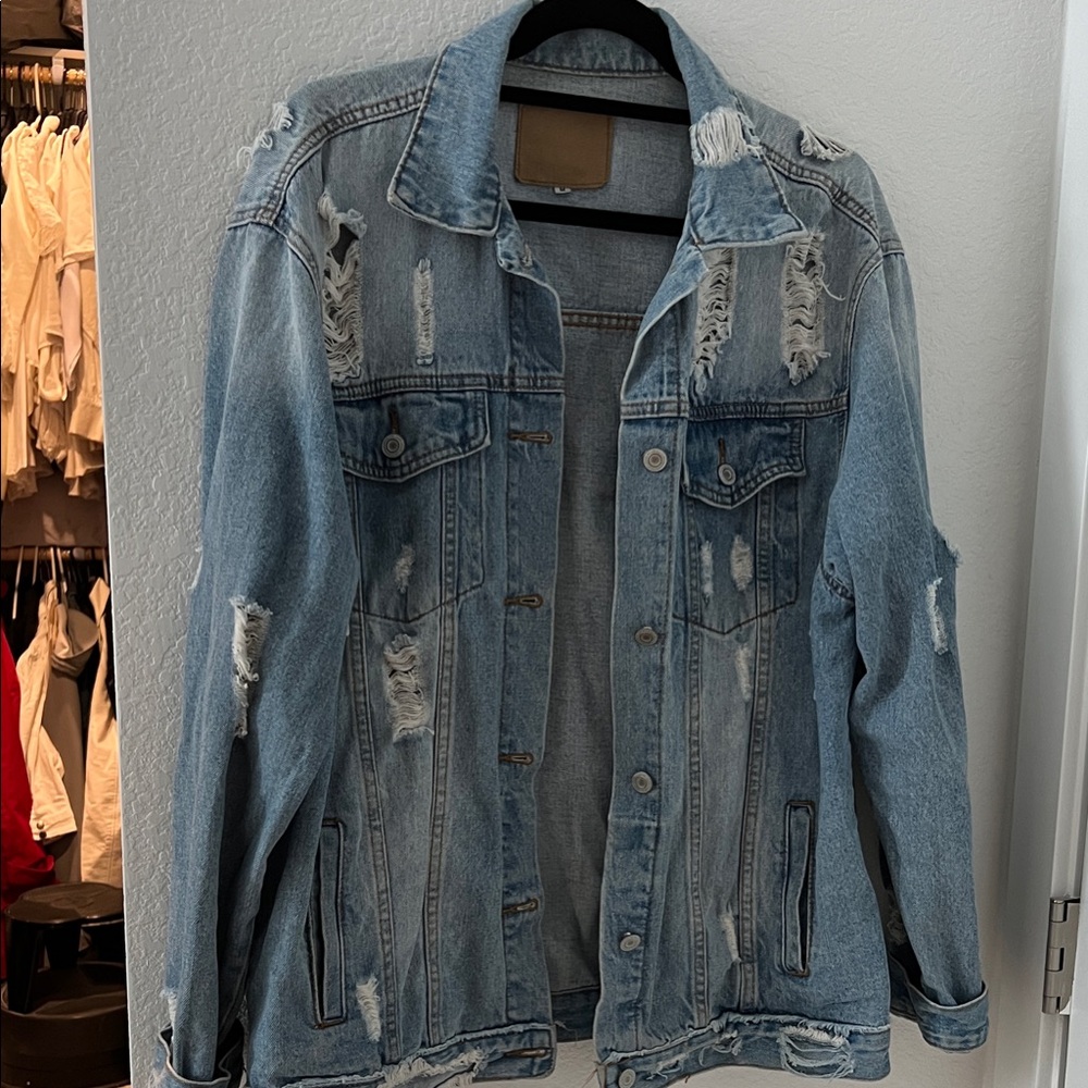 Stylish Light Blue Distressed Jean Jacket